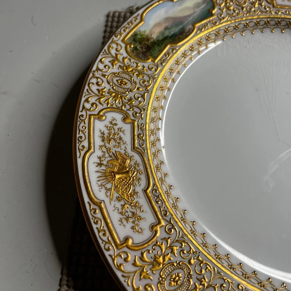 Antique Coalport Hand Painted Landscape Gold Encrusted Porcelain Cabinet Plate
